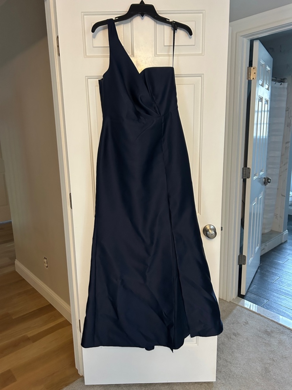 ALFRED SUNG Navy One-Shoulder Satin Evening Dress